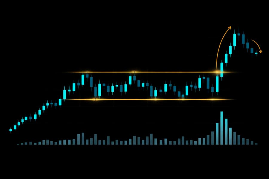 Illustrative range-breakout chart with consolidation boundaries, an impulse and retracement