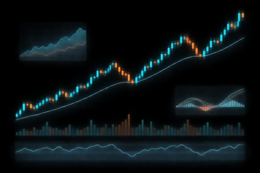 Illustrative trend chart with two pullbacks toward a moving-average guide