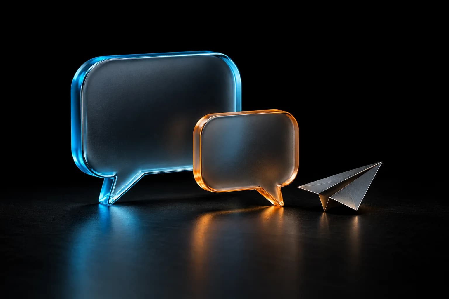 Glass conversation bubbles and a paper plane illustrating direct Telegram support
